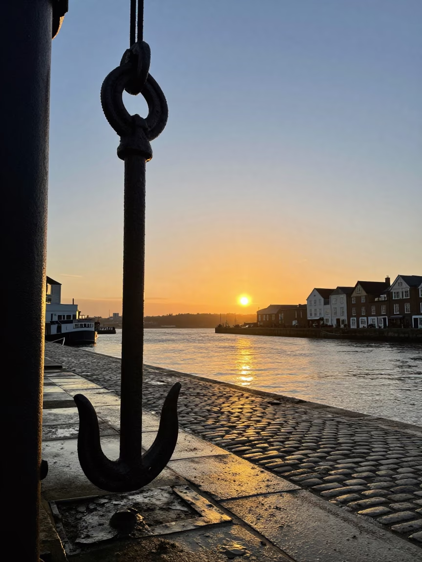 Sunset over Bristol Harbour with Iron Hooks and Victorian Warehouses in in Bristol, United Kingdom
