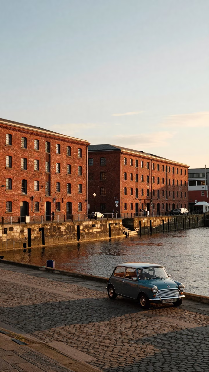 Sunset over Bristol Harbour with Red Brick Warehouses and Vintage Cars in in Bristol, United Kingdom