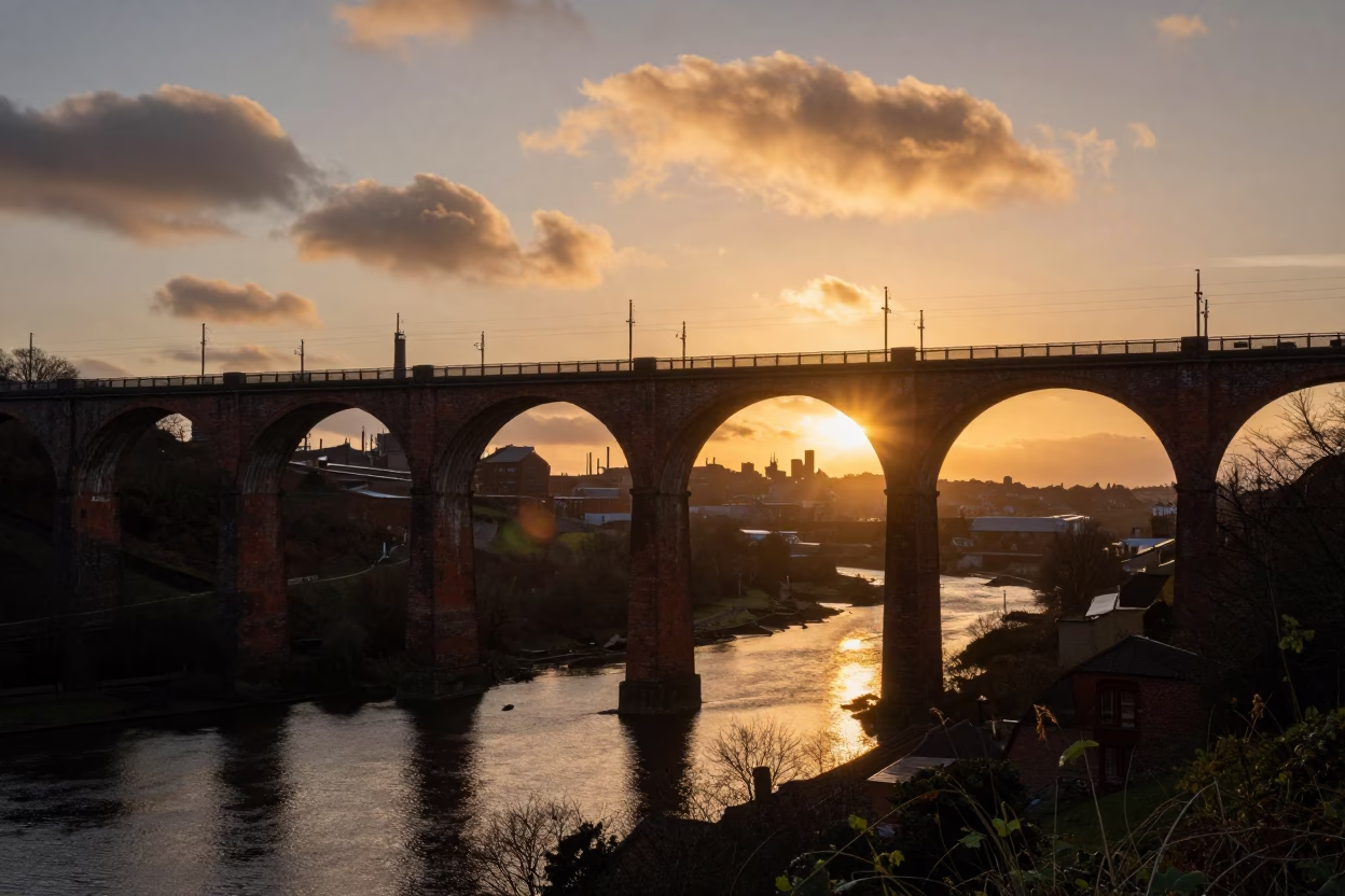 Sunset over Bristol Railway Viaduct Arches and Industrial Valley Reflections in in Bristol, United Kingdom