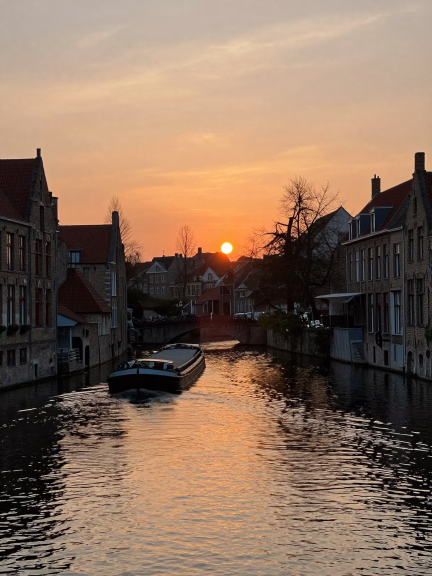 Sunset Over Brussels Canal With Cargo Ship and Traditional Brick Architecture in in Brussels, Belgium