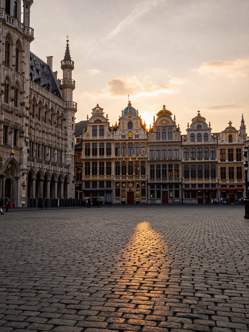 Sunset Over Brussels Grand Place Cobblestones and Historic Guildhalls in in Brussels, Belgium