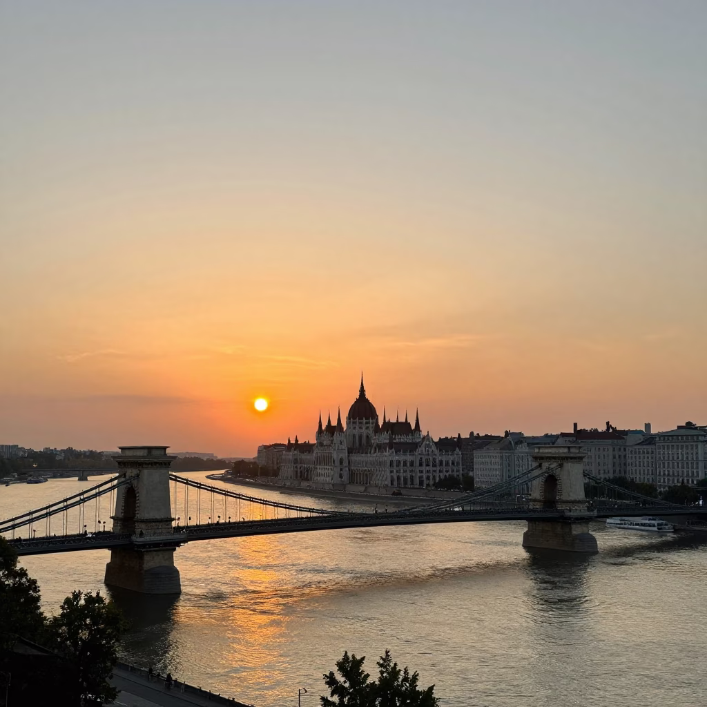 Sunset over Budapest Danube with historic Chain Bridge and fruit vendor crates in in Budapest, Hungary