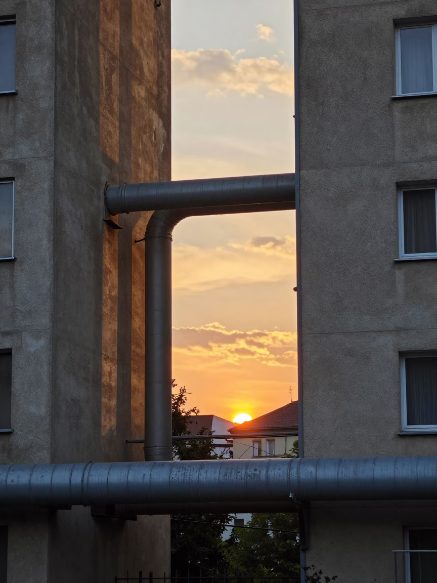 Sunset Over Budapest District Heating Pipes Between Concrete Apartment Blocks in in Budapest, Hungary