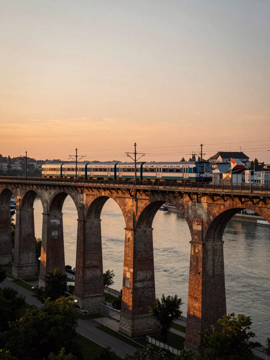 Sunset Over Budapest Railway Viaduct with Passing Train and Dogwood Tree in in Budapest, Hungary