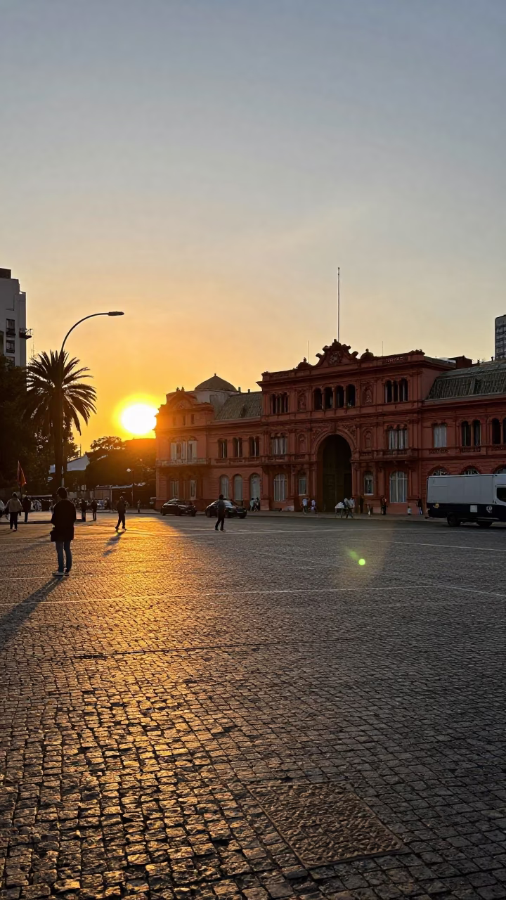 Sunset over Buenos Aires Plaza de Mayo with Historic Architecture and Street Life in in Buenos Aires, Argentina