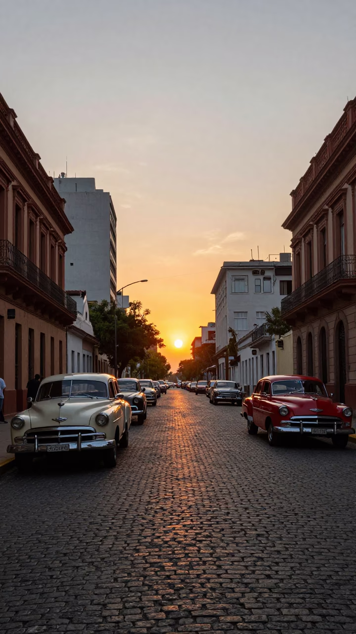 Sunset over Buenos Aires streets with vintage cars and colonial architecture in in Buenos Aires, Argentina