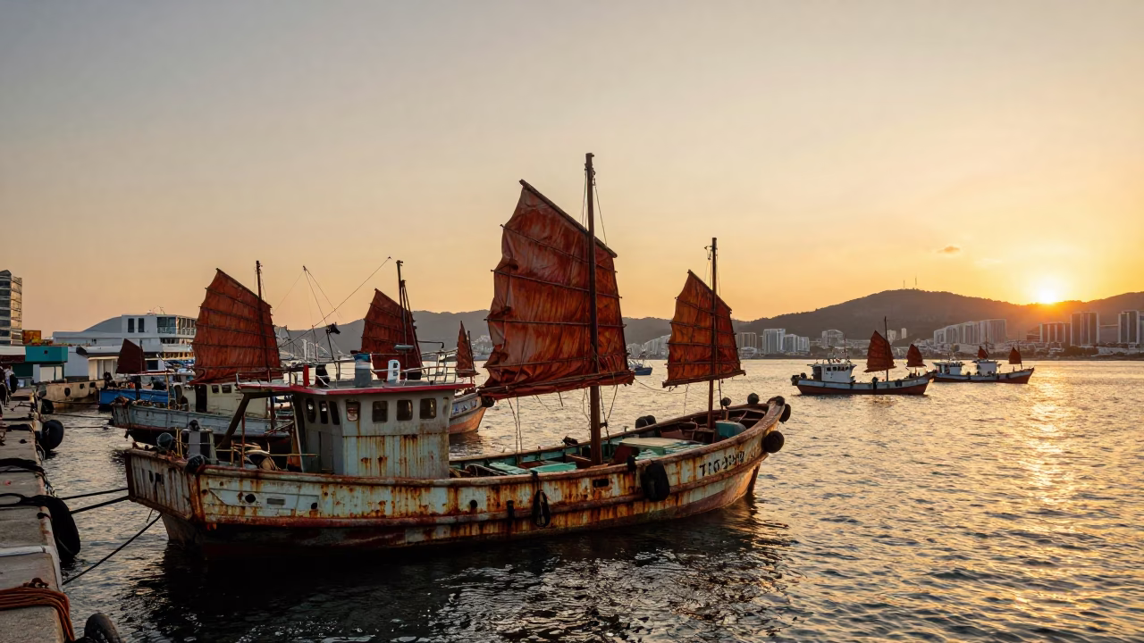 Sunset Over Busan Harbor Featuring Rusty Fishing Boat and Funicular Hillside in in Busan, South Korea
