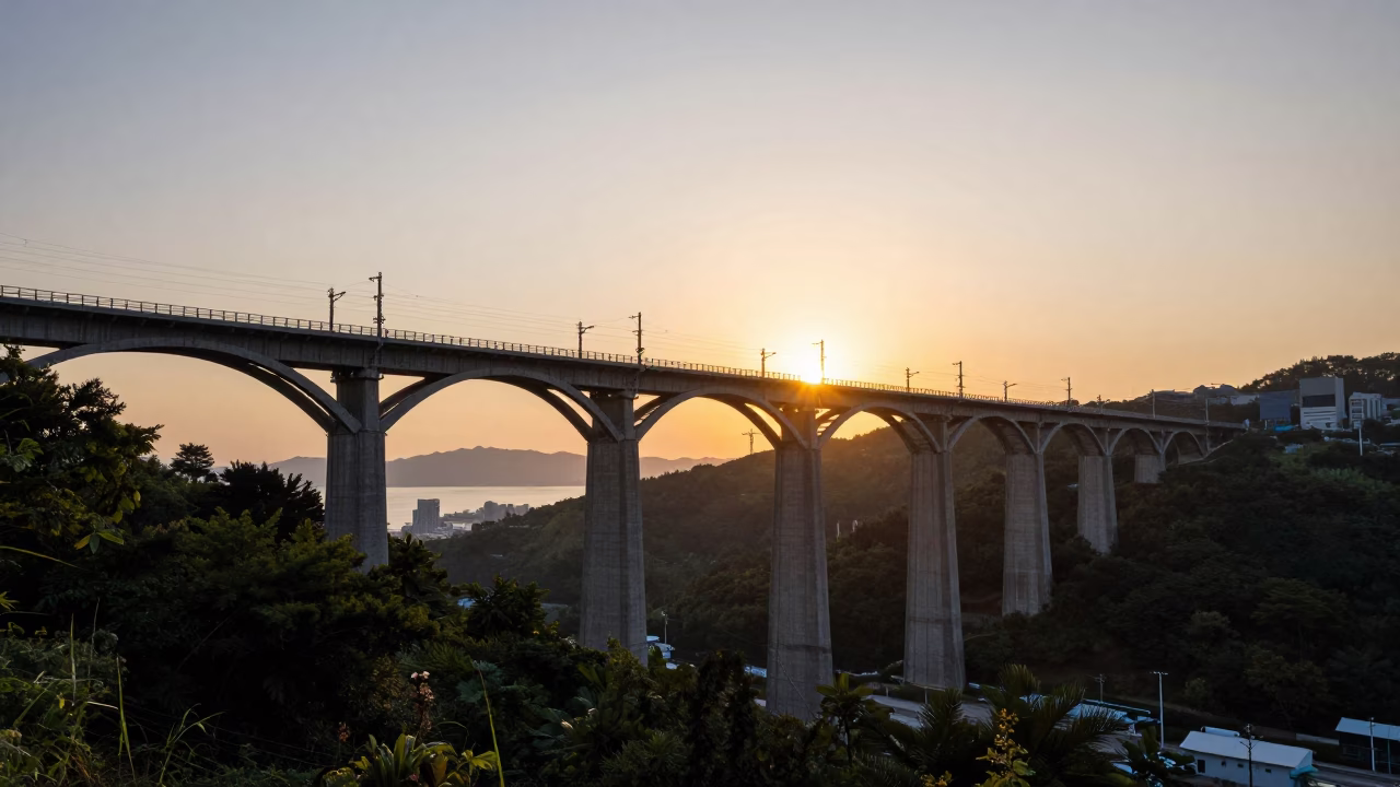 Sunset over Busan Railway Viaduct Arches Spanning the Valley in in Busan, South Korea