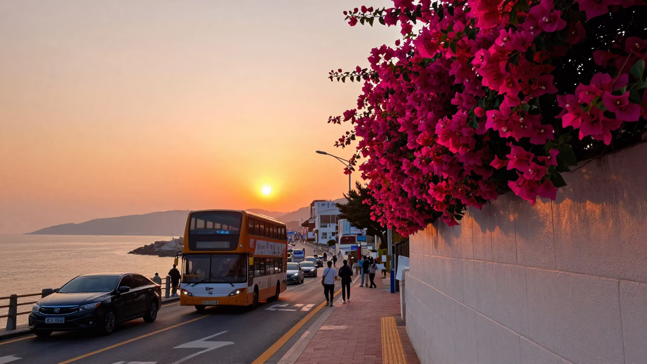 Sunset Over Busan South Korea Street Scene with Bougainvillea and Double-Decker Bus in in Busan, South Korea