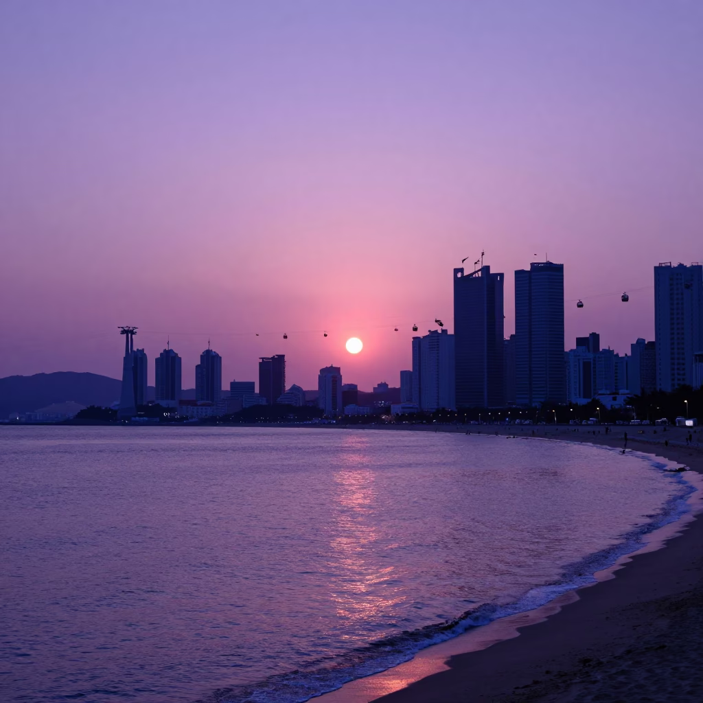 Sunset over Busan South Korea with Haeundae Beach and Cable Car View in in Busan, South Korea