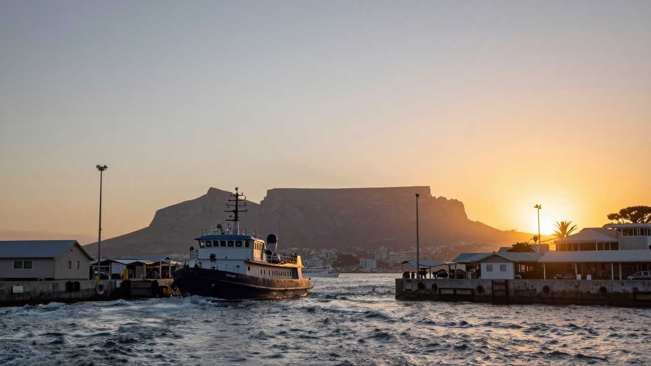 Sunset Over Cape Town Harbor With Pilot Boat and Table Coffee in in Cape Town, South Africa