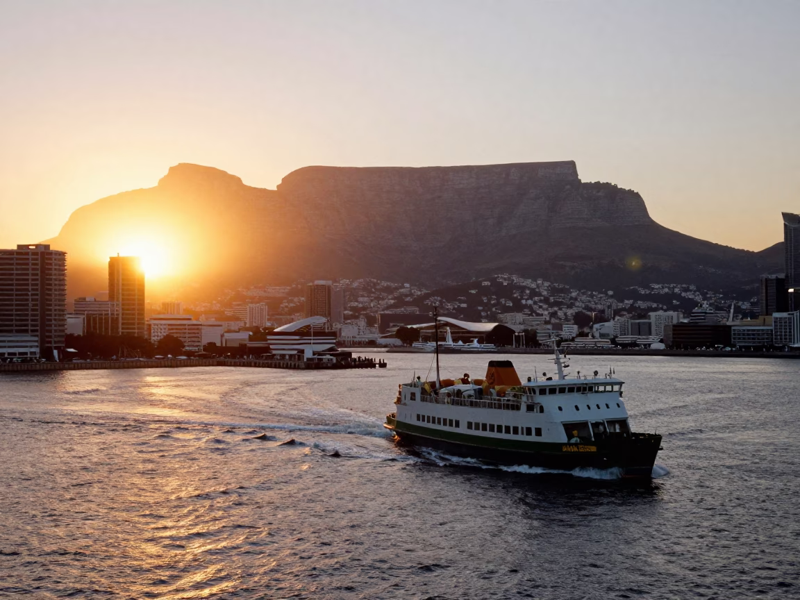 Sunset over Cape Town Harbor with Table Mountain and Ferry Departure in in Cape Town, South Africa