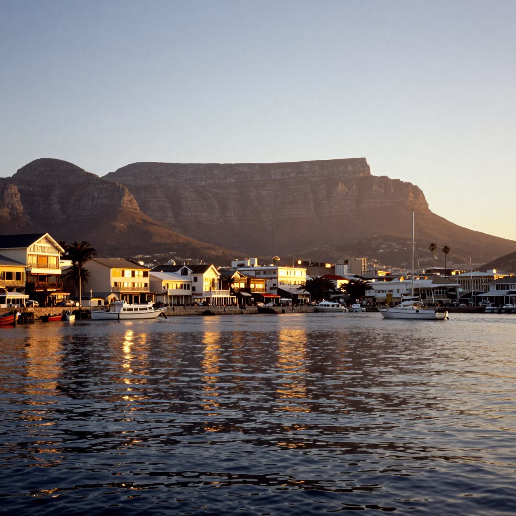 Sunset over Cape Town harbor with Table Mountain and traditional fishing boats in in Cape Town, South Africa