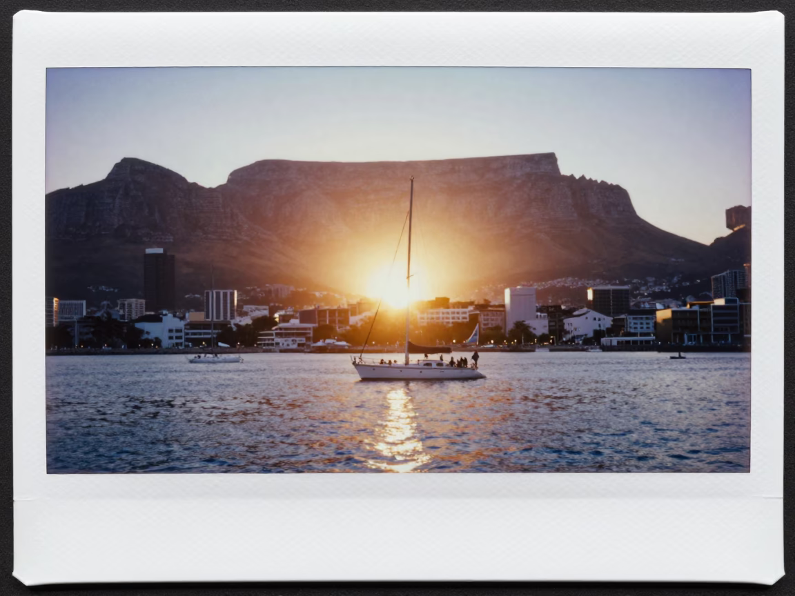 Sunset over Cape Town harbor with Table Mountain backdrop and sailing yacht in in Cape Town, South Africa