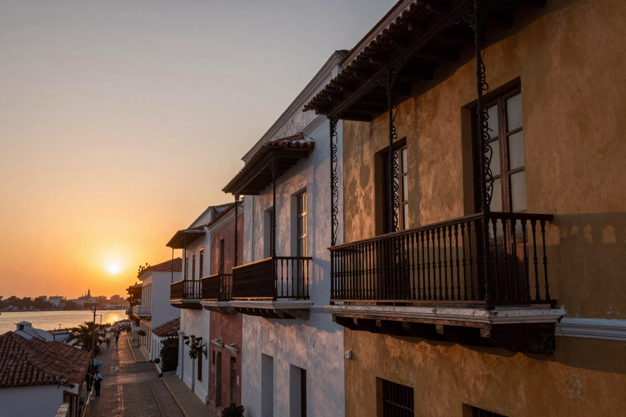Sunset over Cartagena Colombia Colonial Balconies and Harbor View in in Cartagena, Colombia