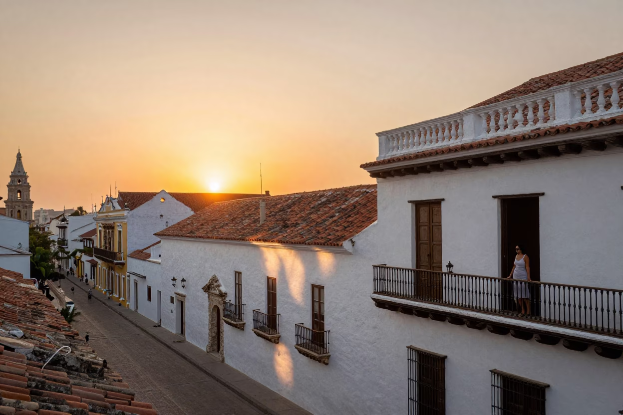 Sunset Over Cartagena Colombia Colonial Balcony View of Historic Walled City in in Cartagena, Colombia