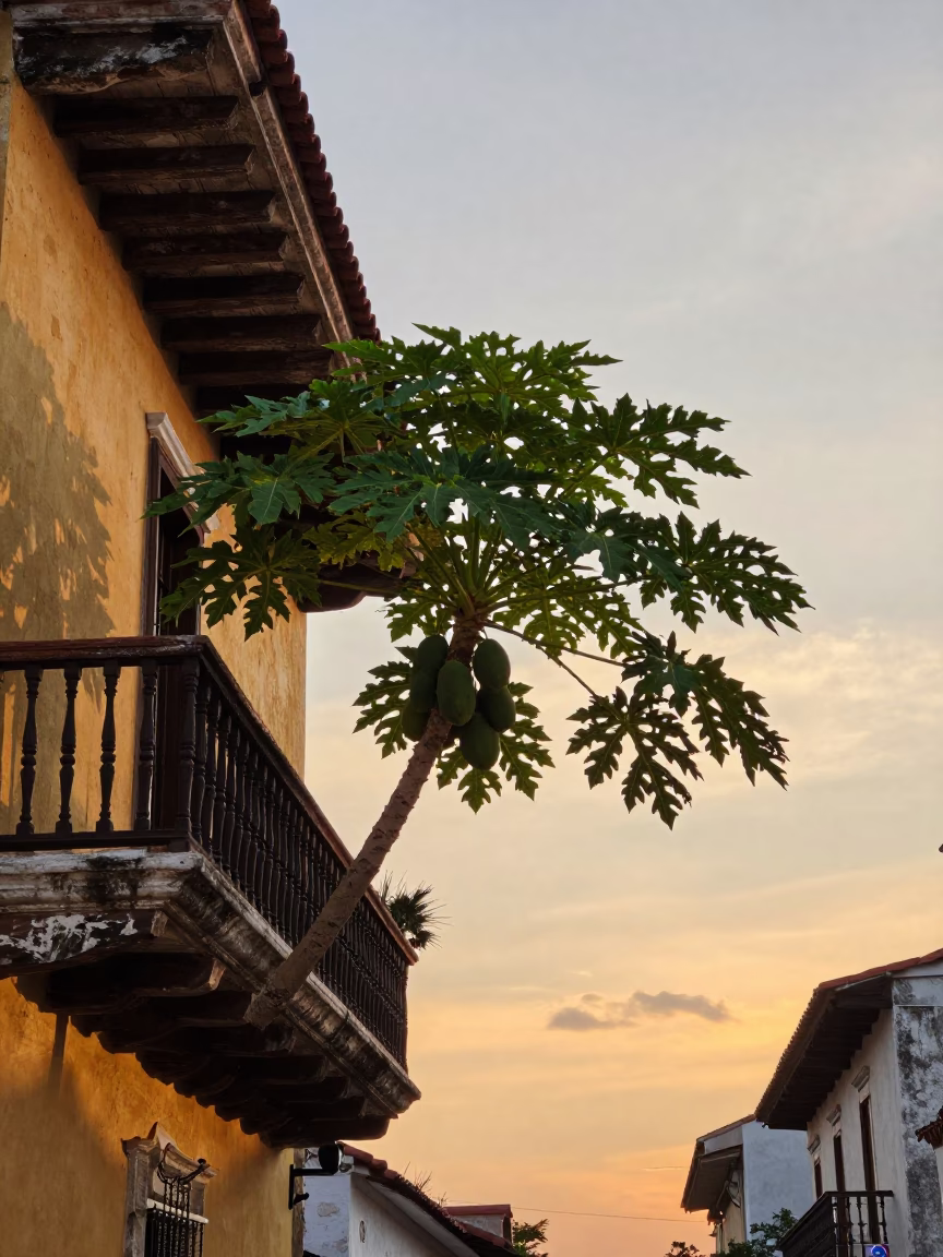 Sunset over Cartagena Colombia Colonial Balcony with Papaya Tree and Matcha Latte in in Cartagena, Colombia