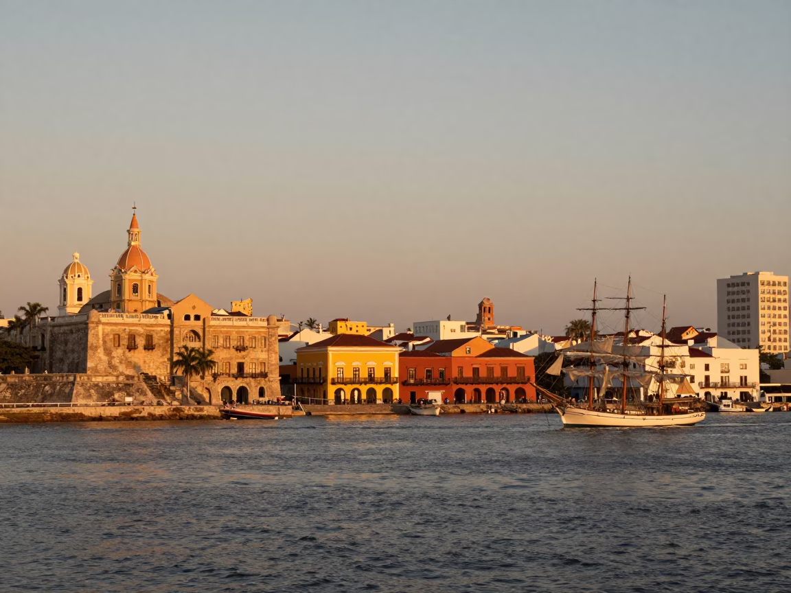 Sunset Over Cartagena Colombia Harbor with Sailing Yacht and Colonial Architecture in in Cartagena, Colombia