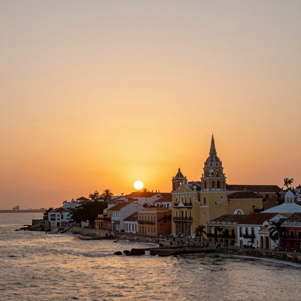 Sunset over Cartagena Colombia historic walled city colonial architecture and coastal light in in Cartagena, Colombia