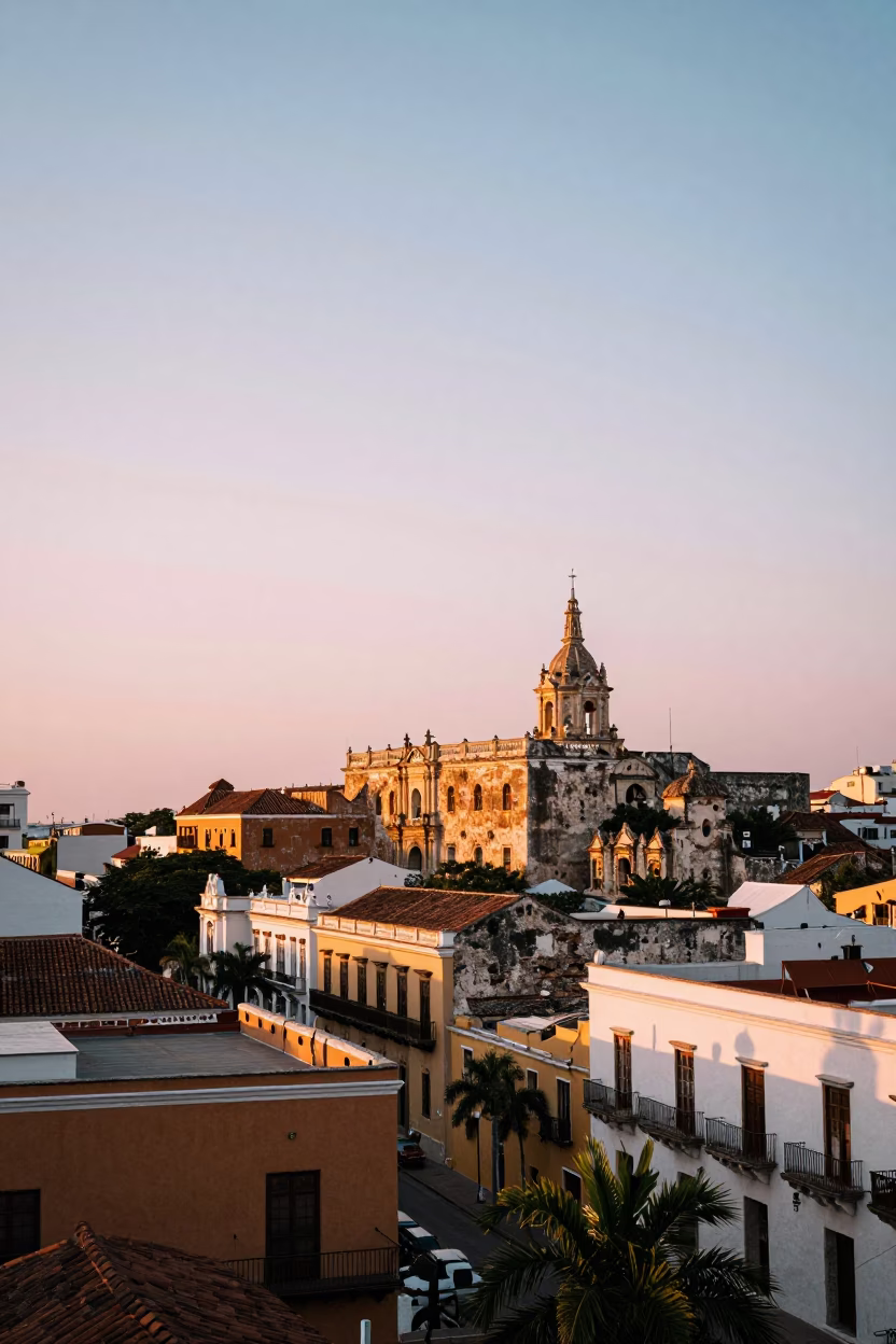Sunset over Cartagena Colombia historic walled city colonial architecture and street life in in Cartagena, Colombia