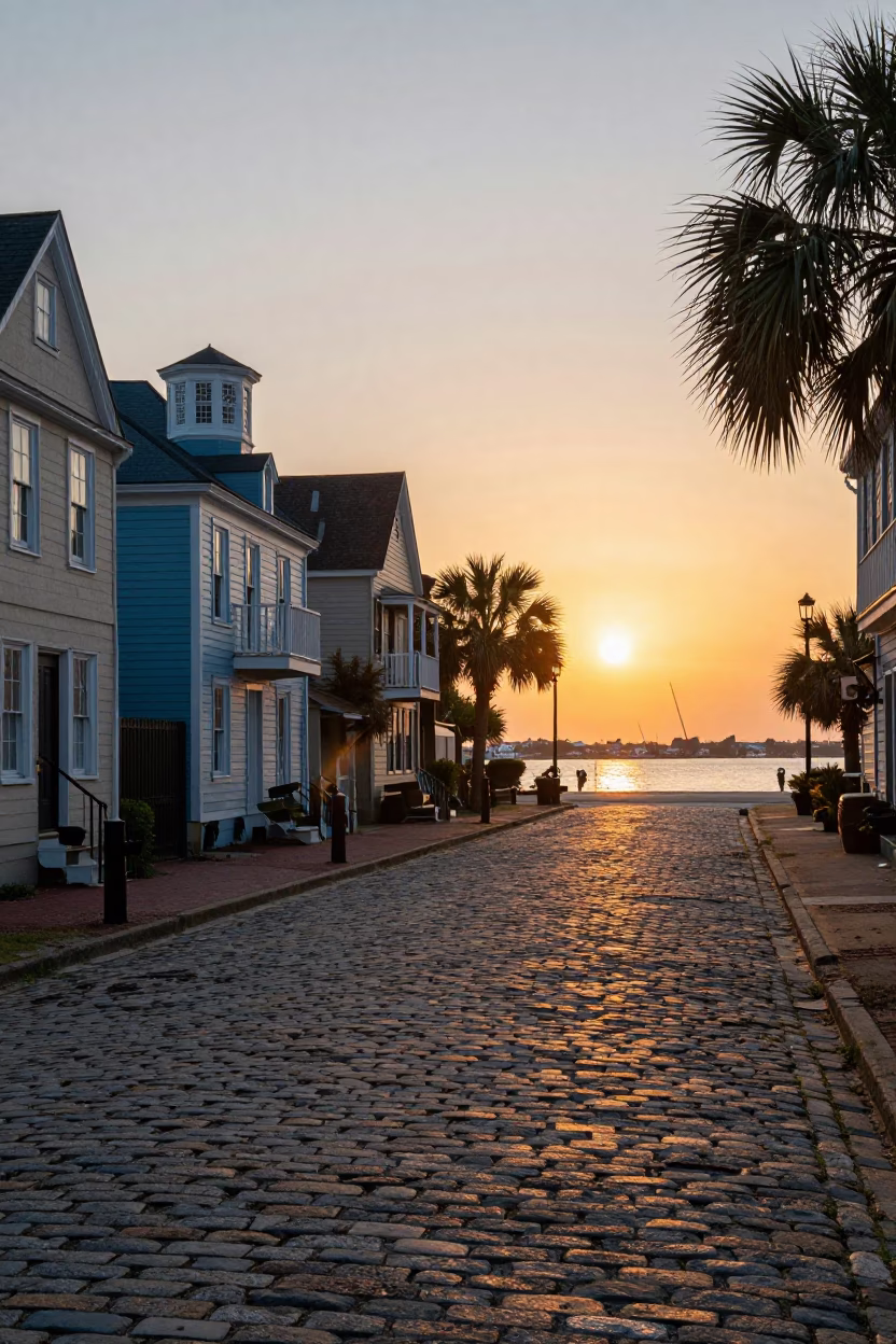 Sunset Over Charleston Harbor With Cobblestone Streets And Historic Architecture in in Charleston, South Carolina, United States