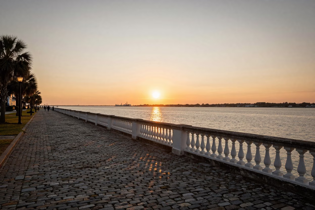 Sunset Over Charleston Harbor With Historic Battery Street And Cobblestone Walkway in in Charleston, South Carolina, United States