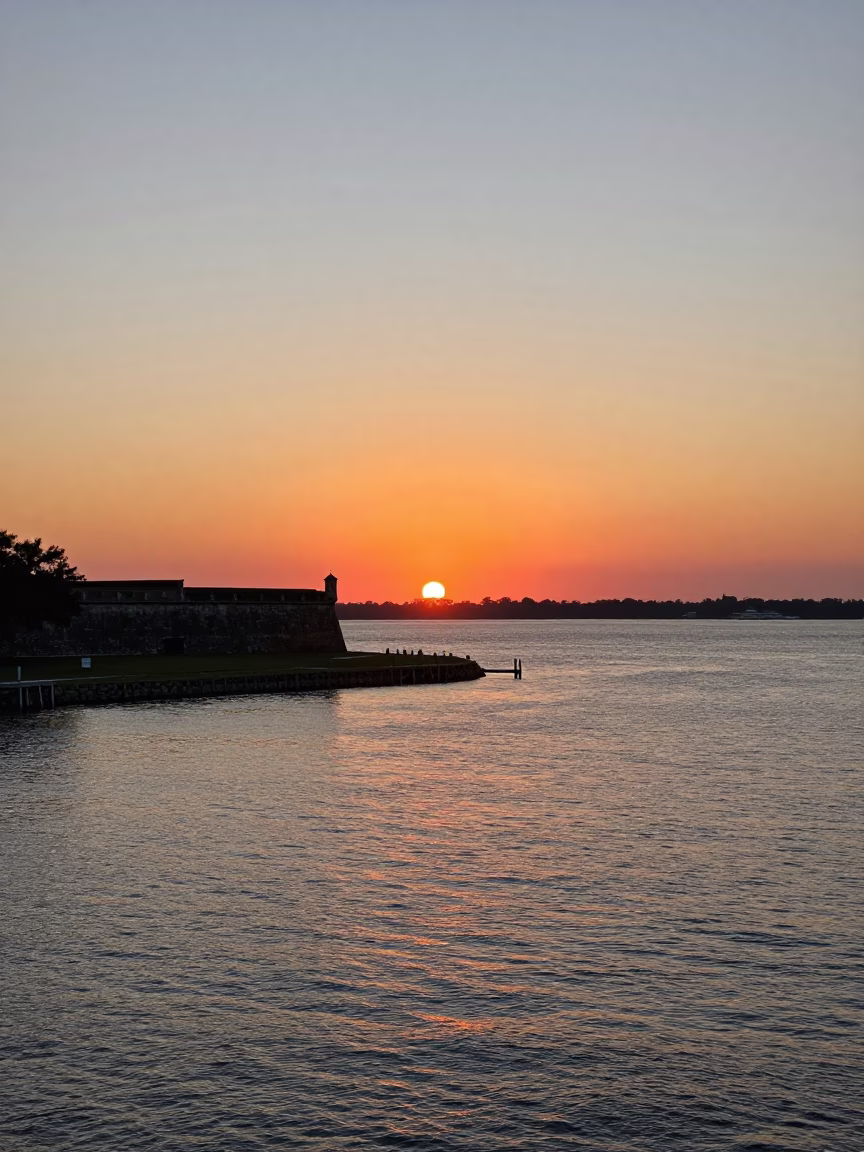 Sunset Over Charleston Harbor With Historic Fort Sumter And Boats in in Charleston, South Carolina, United States