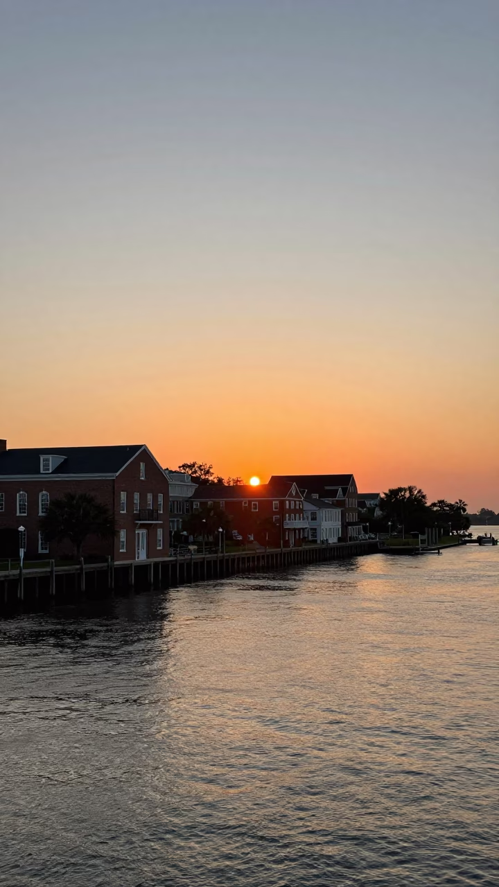 Sunset over Charleston South Carolina harbor with historic brick buildings and boats in in Charleston, South Carolina, United States