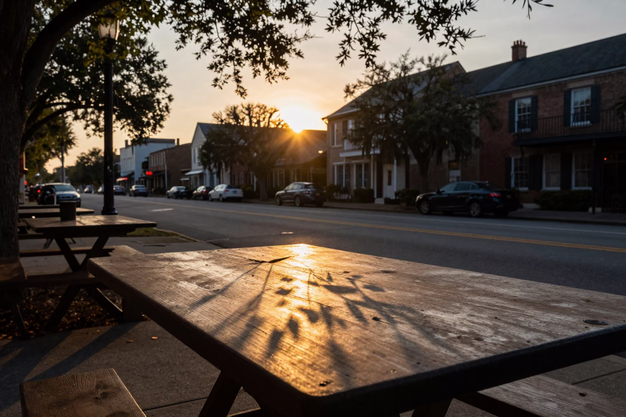 Sunset over Charleston South Carolina historic district with leaf shadows on table in in Charleston, South Carolina, United States