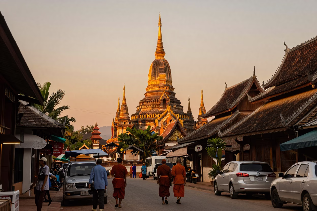 Sunset over Chiang Mai Thailand street scene with monks and temple spires in in Chiang Mai, Thailand