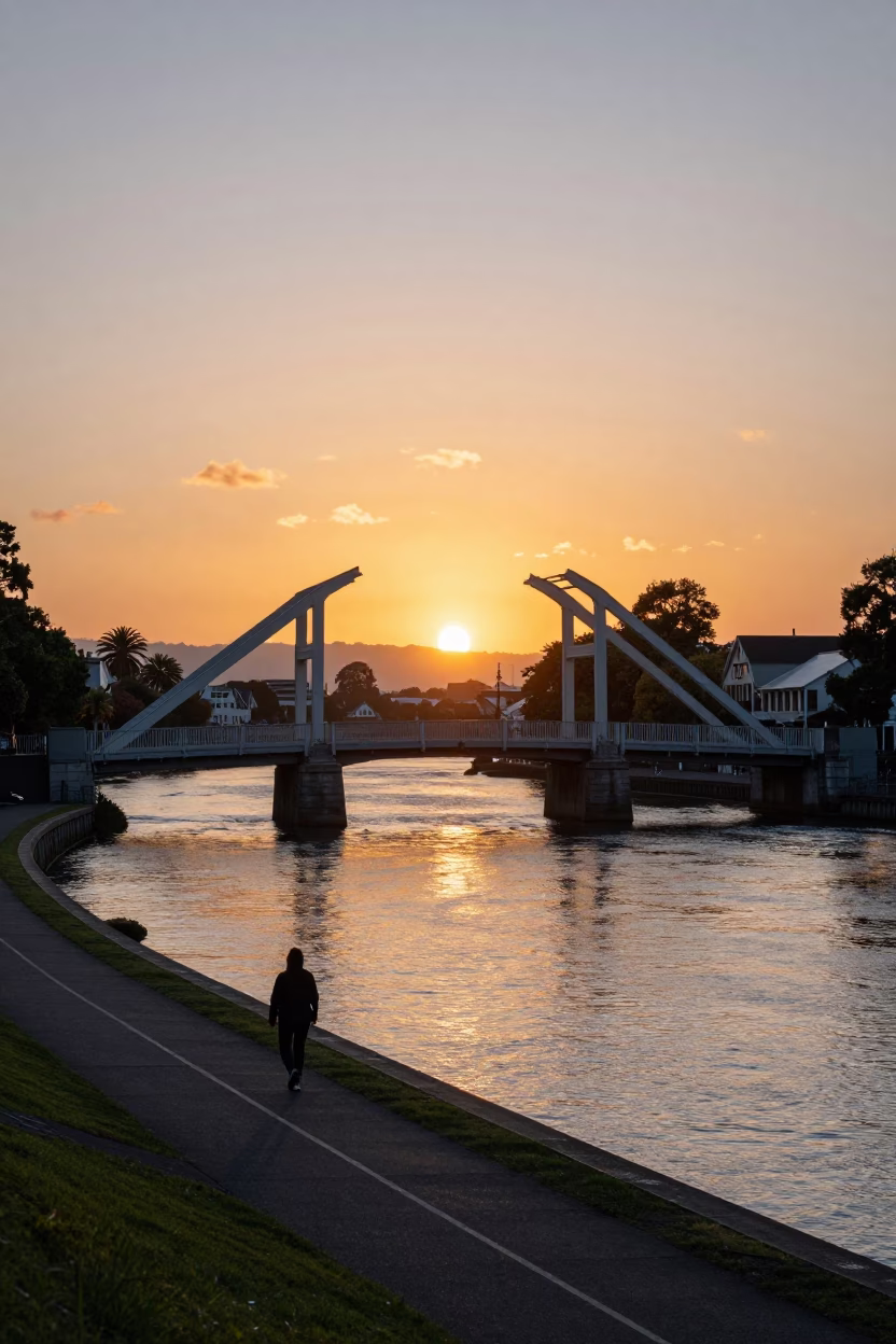 Sunset over Christchurch Avon River with Drawbridge and Local Pedestrians in in Christchurch, New Zealand