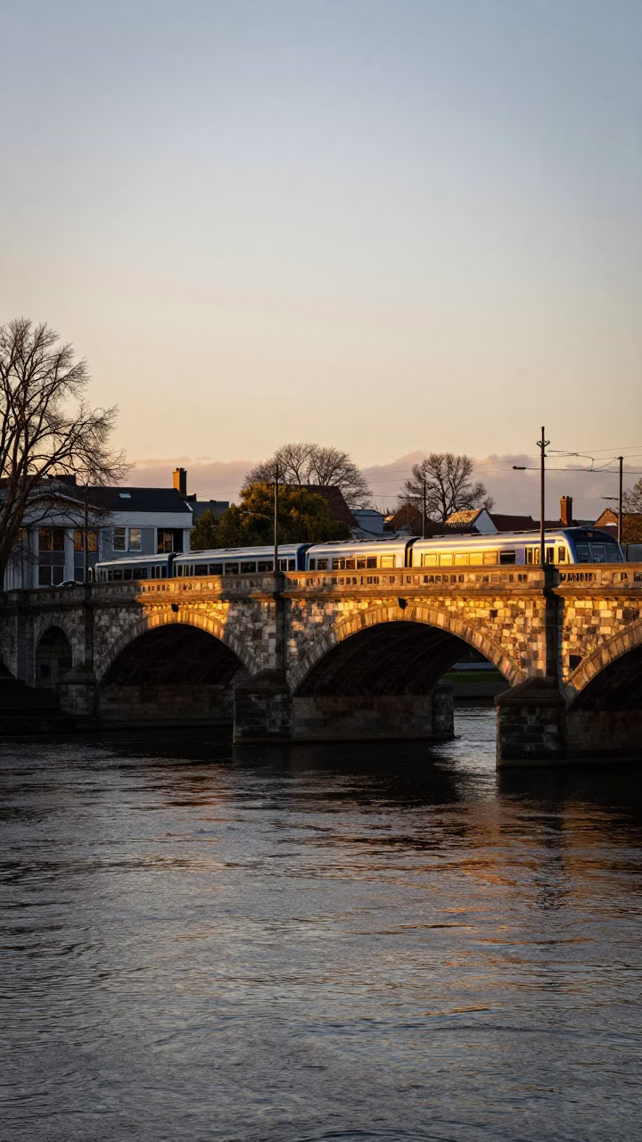 Sunset Over Christchurch Avon River With Historic Stone Bridge And Urban Architecture in in Christchurch, New Zealand