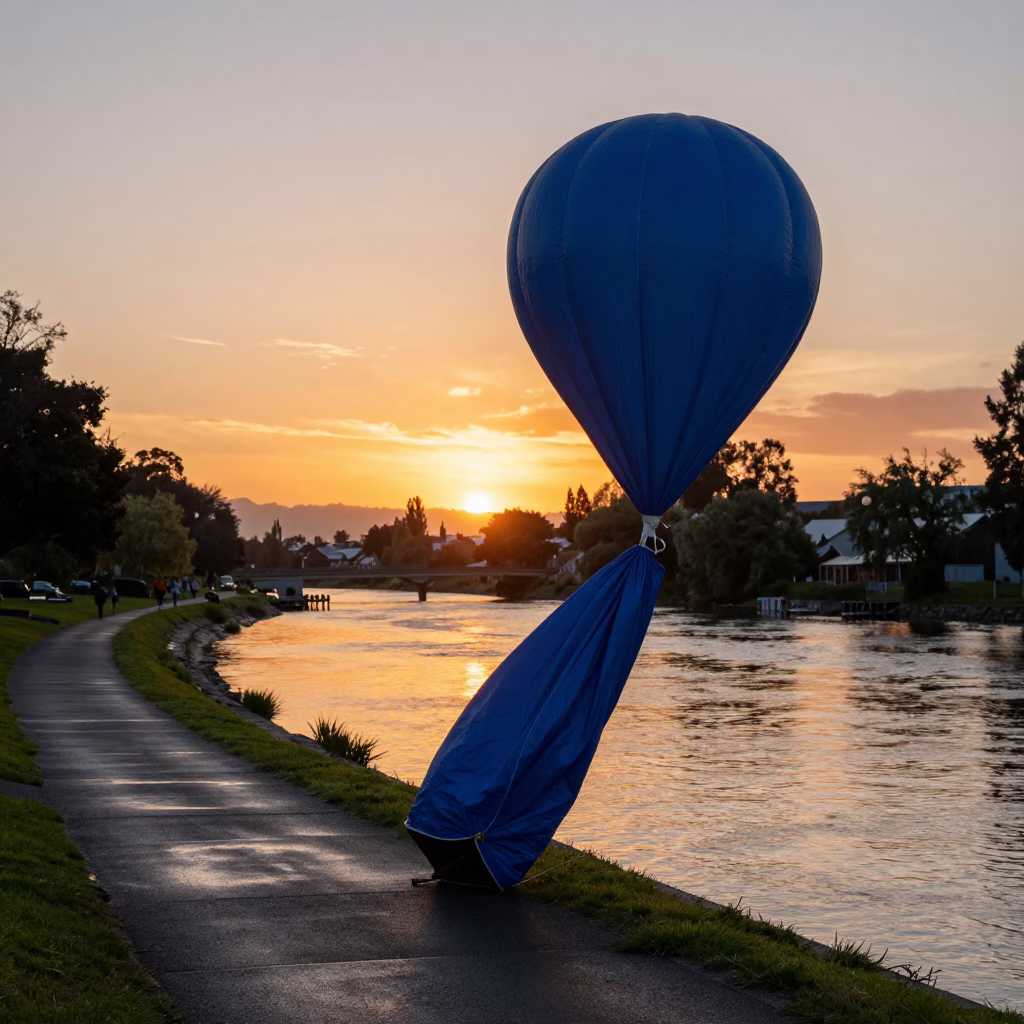 Sunset over Christchurch Avon River with Weather Balloon Tarp Snapping on Wet Asphalt in in Christchurch, New Zealand