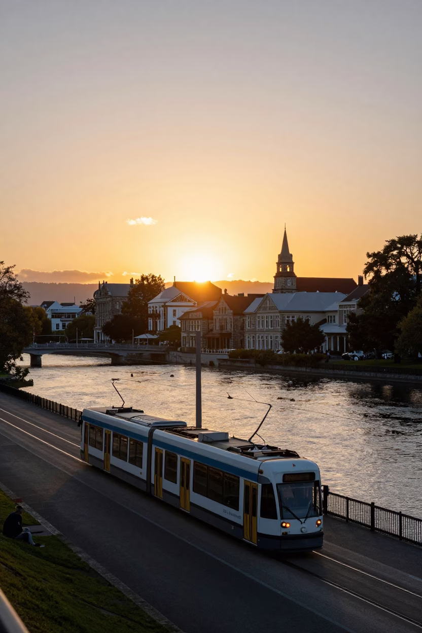 Sunset over Christchurch New Zealand Avon River with trams and historic architecture in in Christchurch, New Zealand