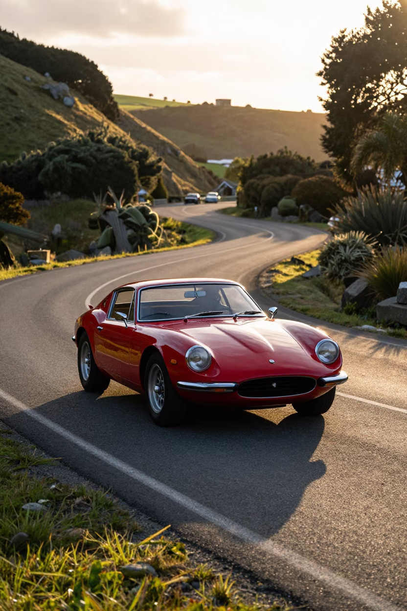 Sunset over Christchurch New Zealand with vintage red sports car on mountain road in in Christchurch, New Zealand