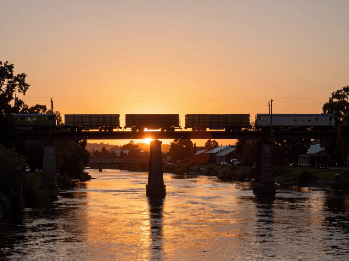 Sunset Over Christchurch River Avon With Freight Train Crossing Trestle Bridge in in Christchurch, New Zealand