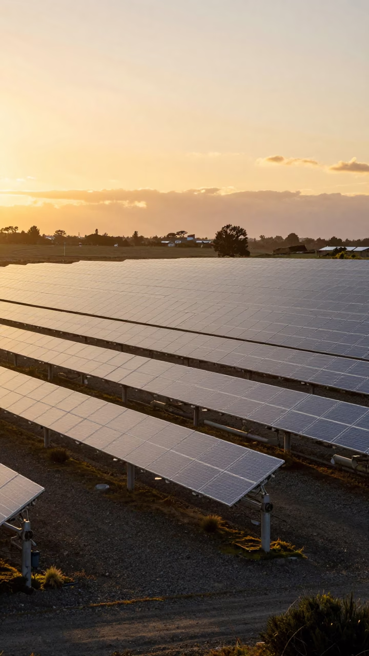 Sunset over Christchurch Solar Array Glinting Silver Across Gravel and Scrub in New Zealand in in Christchurch, New Zealand