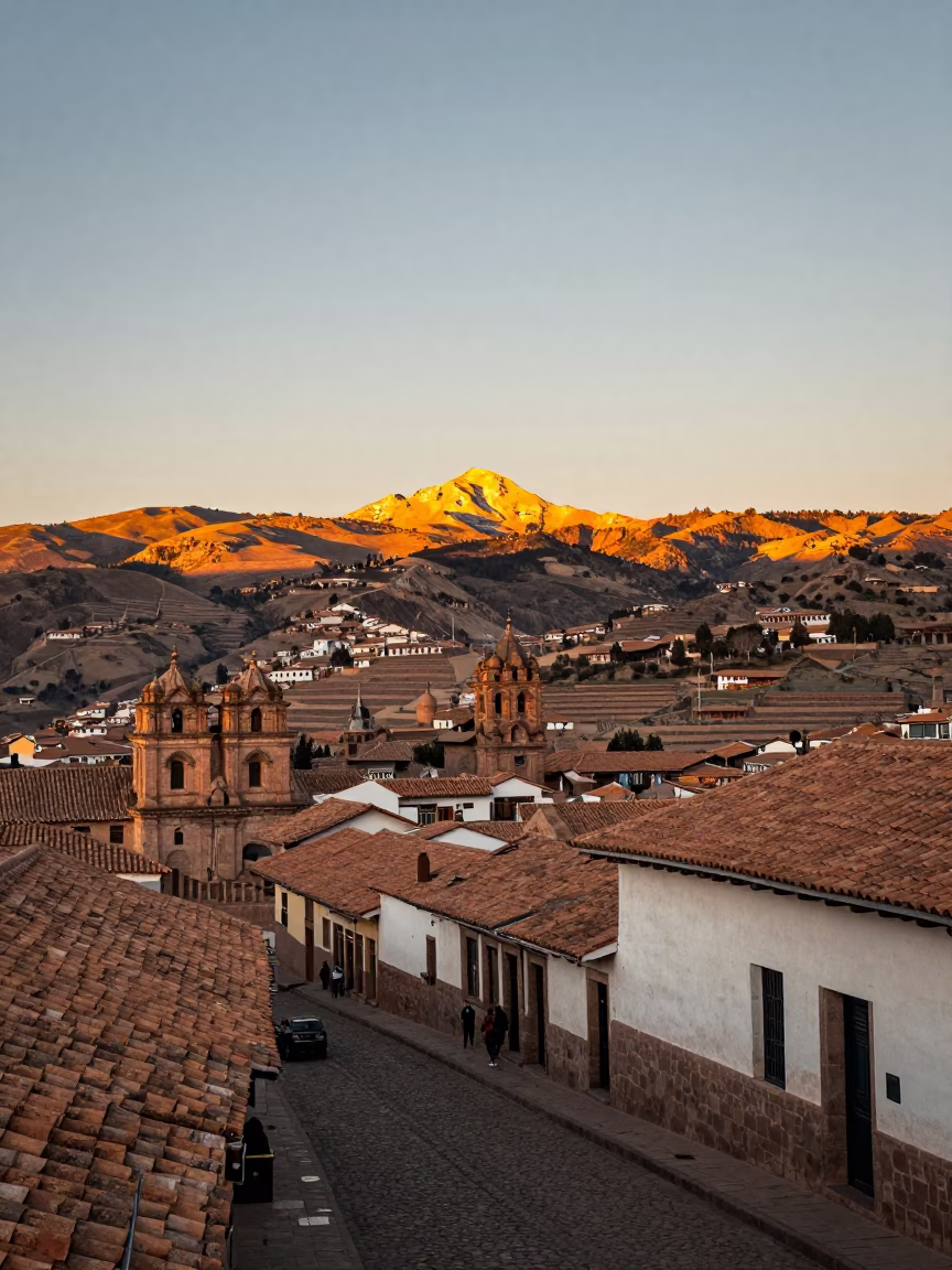 Sunset over Cusco Peru Colonial Architecture and Andean Landscape Horizon Shot in in Cusco, Peru