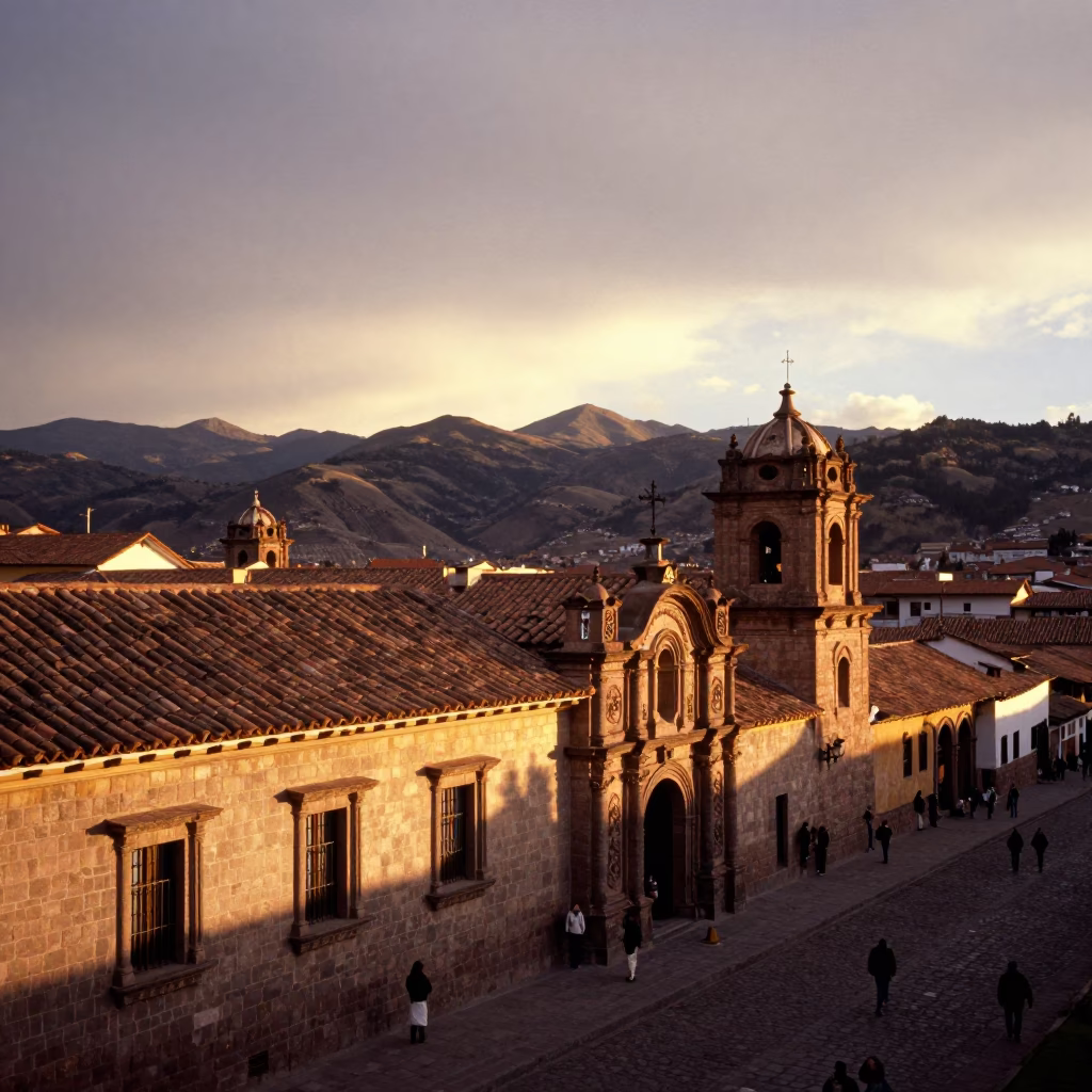 Sunset over Cusco Peru colonial stone architecture and mountain horizon in in Cusco, Peru