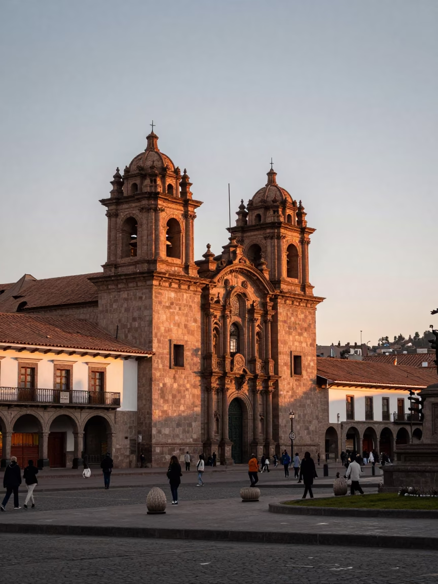 Sunset over Cusco Peru Plaza de Armas with Colonial Architecture and Cable Cars in in Cusco, Peru