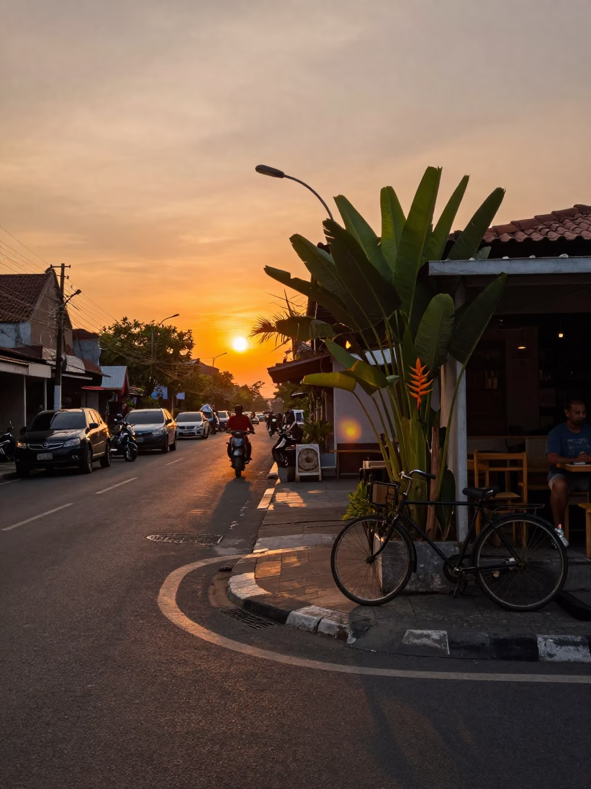 Sunset over Denpasar Indonesia street scene with bicycle and heliconia plants in in Denpasar, Indonesia