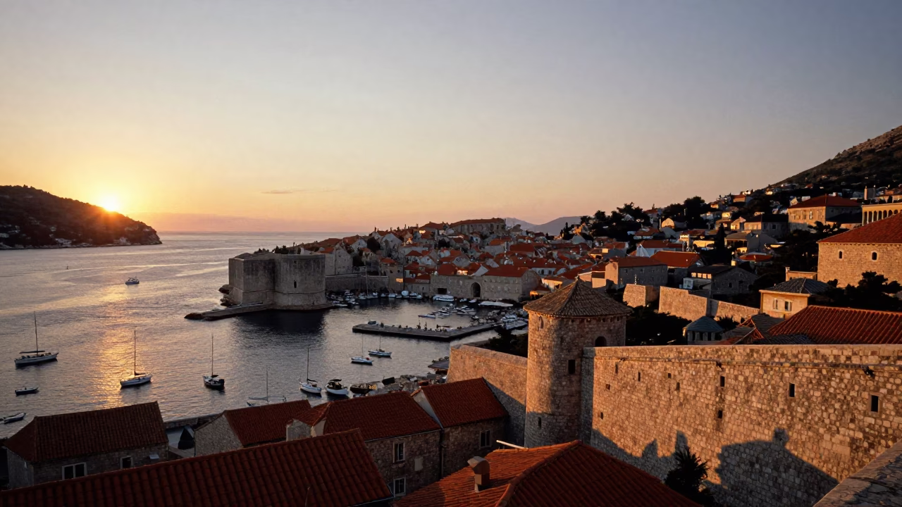 Sunset over Dubrovnik Croatia Old Town Walls and Harbor with Tourists in in Dubrovnik, Croatia