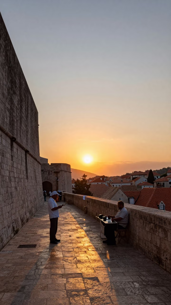Sunset over Dubrovnik Old Town Walls with Bellows Seller and Traditional Craft in in Dubrovnik, Croatia