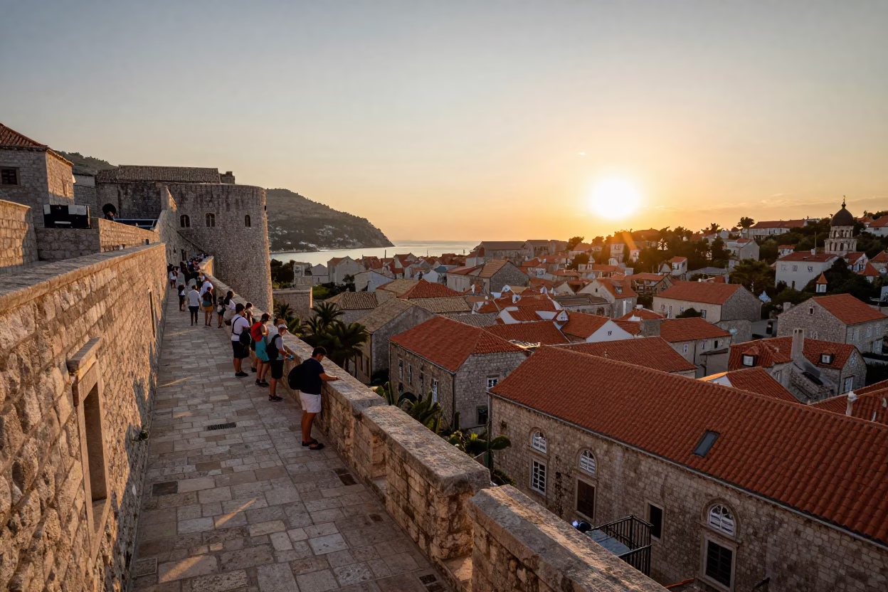Sunset Over Dubrovnik Old Town Walls With Tourists And Salt Cellar in in Dubrovnik, Croatia