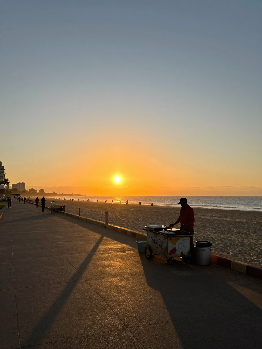 Sunset Over Durban Beachfront Promenade With Wicker Shadow On Basin in in Durban, South Africa