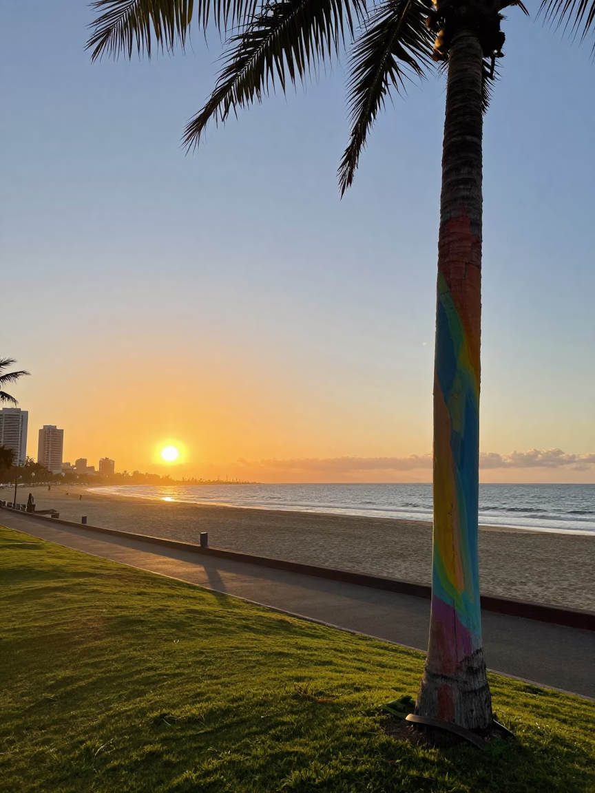 Sunset over Durban South Africa Beachfront Promenade with Rainbow Eucalyptus and Ocean Horizon in in Durban, South Africa