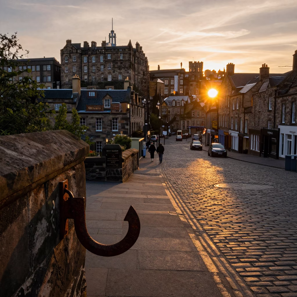 Sunset Over Edinburgh Castle With Local Street Scene and Vintage Details in in Edinburgh, United Kingdom