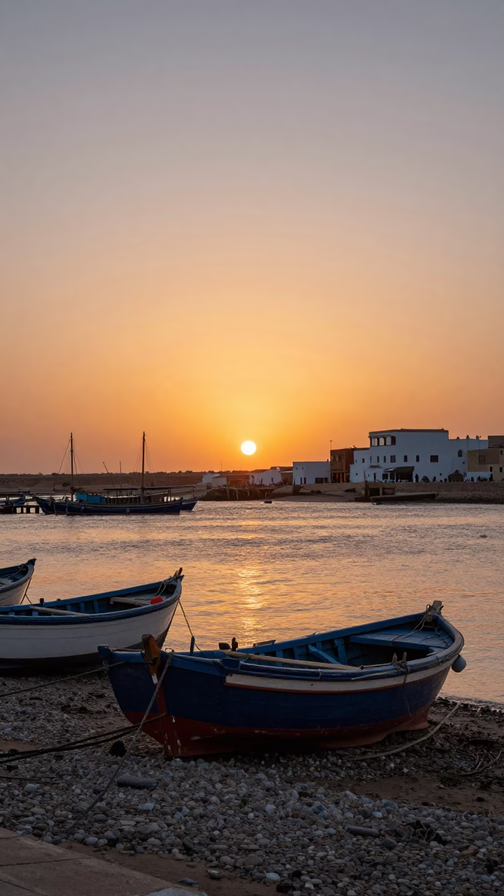 Sunset over Essaouira Morocco Harbor with Traditional Wooden Fishing Boats on Pebble Beach in in Essaouira, Morocco