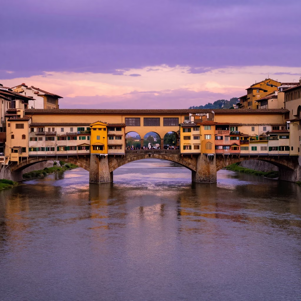 Sunset over Florence Italy Arno River Bridge Stone Architecture Landscape in in Florence, Italy