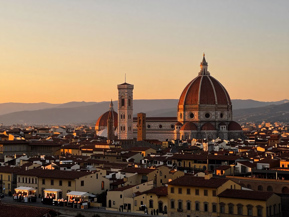 Sunset over Florence Italy with historic dome and street vendors selling porcelain jars in in Florence, Italy
